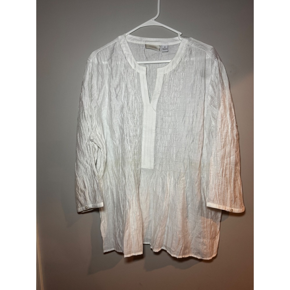 Chicos White Crinkle Gauze Pintuck Beaded Split Neck Tunic Top Size 4 XXL